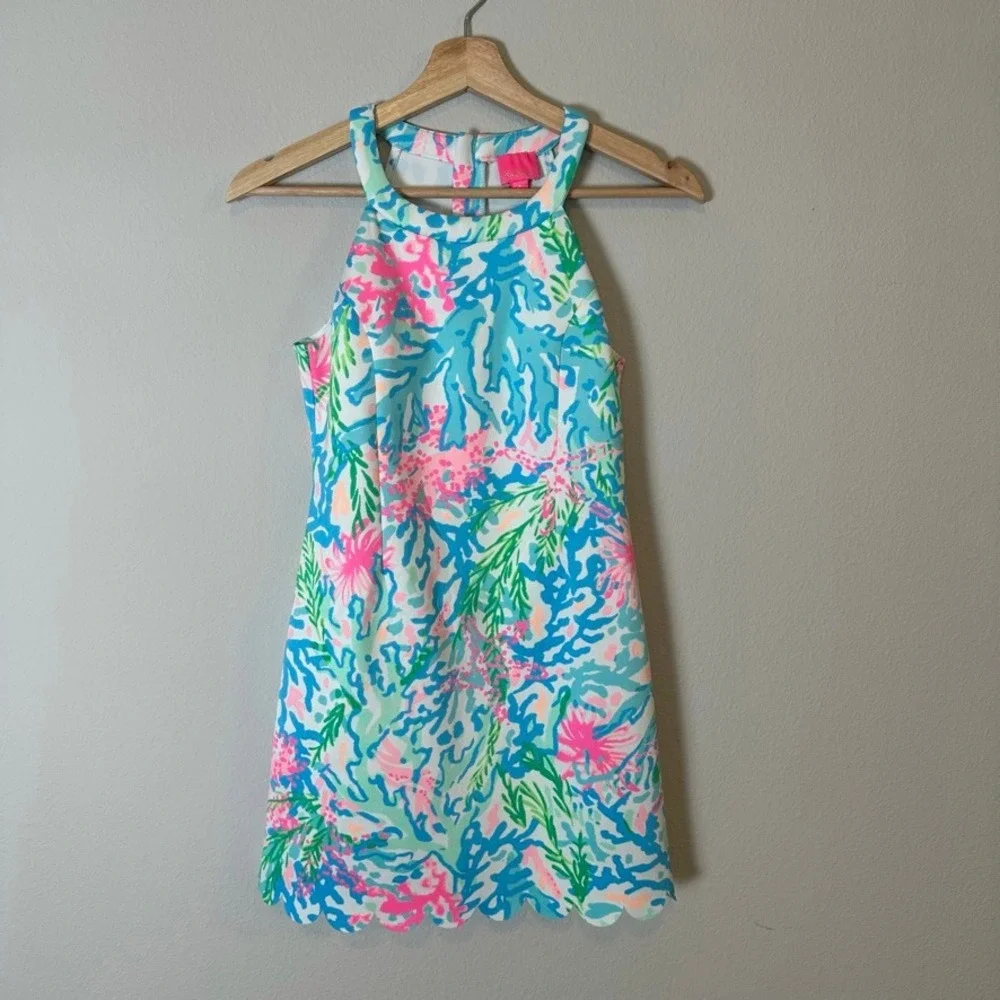 Lilly Pulitzer Sophelia Shift Dress Colorful Coral Bay Print Girls Size 12 EUC